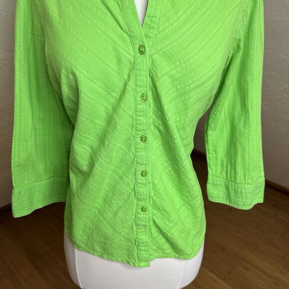 Faded Glory Button Down Shirt Womens Medium Lime Green 3/4 Sleeve Y2k Textured - Picture 7 of 10
